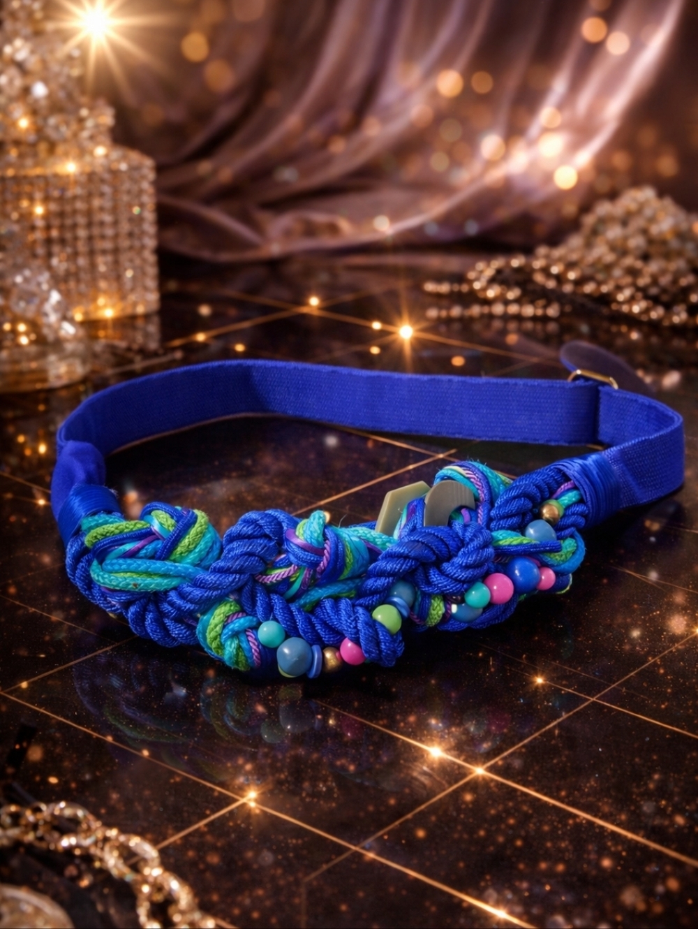 Vintage CAROLYN TANNER 80s Blue Braided Rope Belt Beaded Statement Stretch S/M